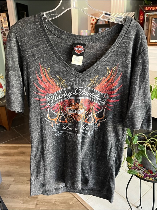 Harley-Davidson Tops - Harley-Davidson Charcoal Heather V-Neck Tee with Red and Orange Wing Graphic